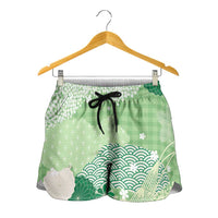 Green Palaka Japanese Traditional Shorts for Women Asanoha Seigaiha Sakura Motif - Polynesian Pride