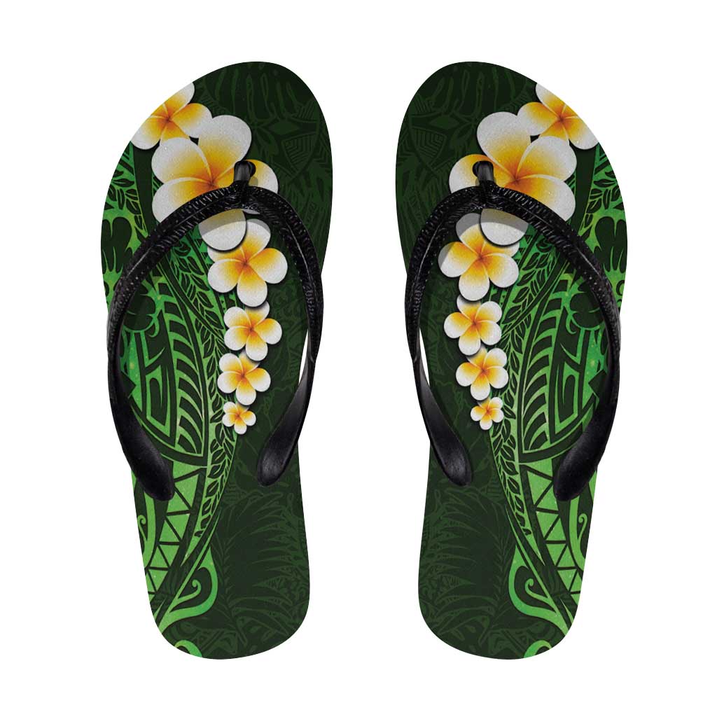 Green Polynesia Flip Flops Plumeria Tropical Leaves Galaxy Polynesian Art - Polynesian Pride
