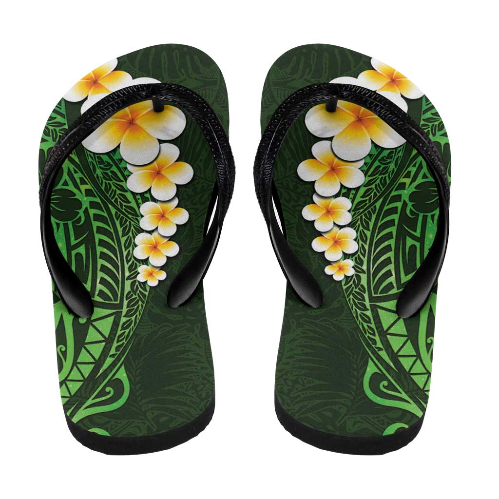 Green Polynesia Flip Flops Plumeria Tropical Leaves Galaxy Polynesian Art - Polynesian Pride