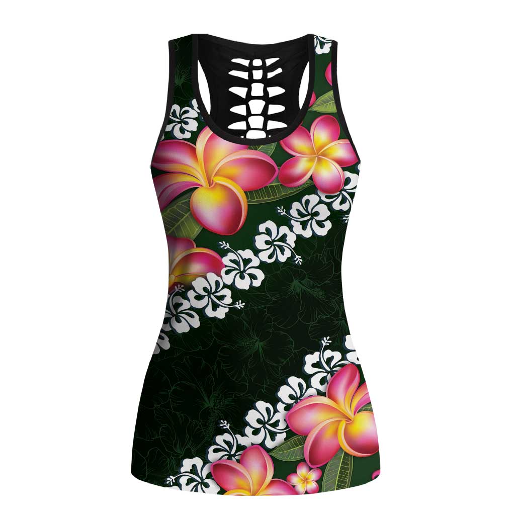 Green Polynesia Hollow Tank Top Plumeria With Hibiscus Pattern Tropical Vibes - Polynesian Pride