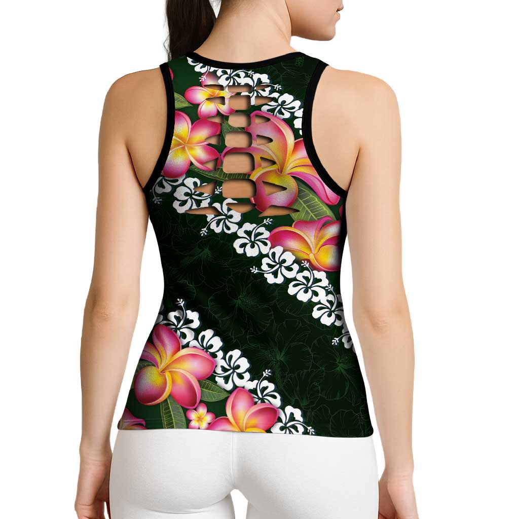 Green Polynesia Hollow Tank Top Plumeria With Hibiscus Pattern Tropical Vibes - Polynesian Pride