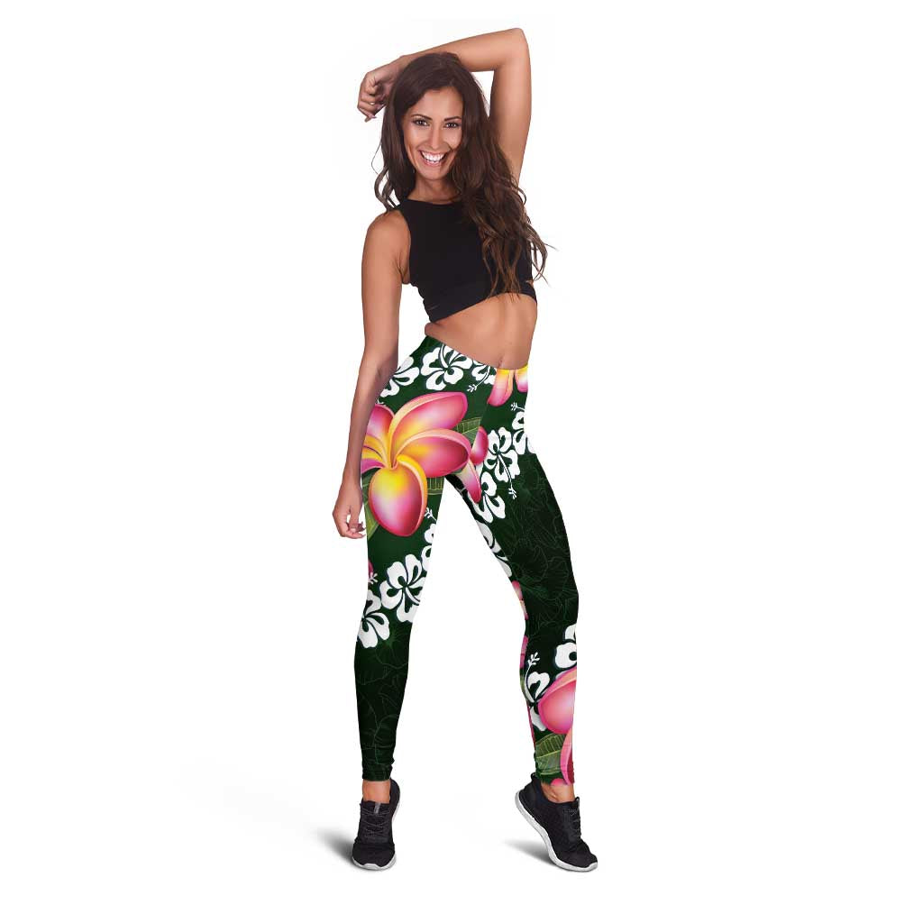 Green Polynesia Leggings Plumeria With Hibiscus Pattern Tropical Vibes - Polynesian Pride