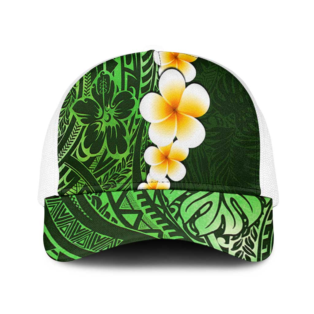 Green Polynesia Mesh Trucker Cap Plumeria Tropical Leaves With Galaxy Polynesian Art - Polynesian Pride