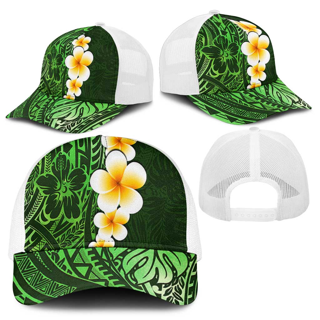 Green Polynesia Mesh Trucker Cap Plumeria Tropical Leaves With Galaxy Polynesian Art - Polynesian Pride