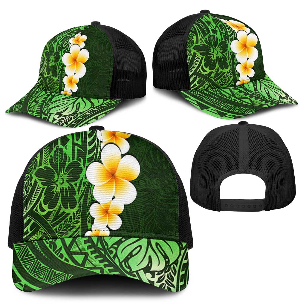 Green Polynesia Mesh Trucker Cap Plumeria Tropical Leaves With Galaxy Polynesian Art - Polynesian Pride