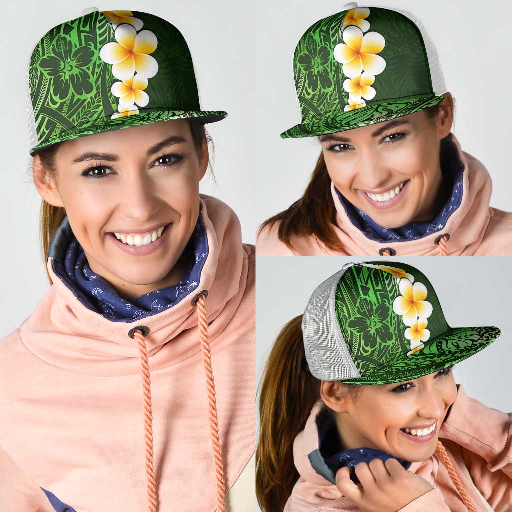Green Polynesia Mesh Trucker Cap Plumeria Tropical Leaves With Galaxy Polynesian Art - Polynesian Pride