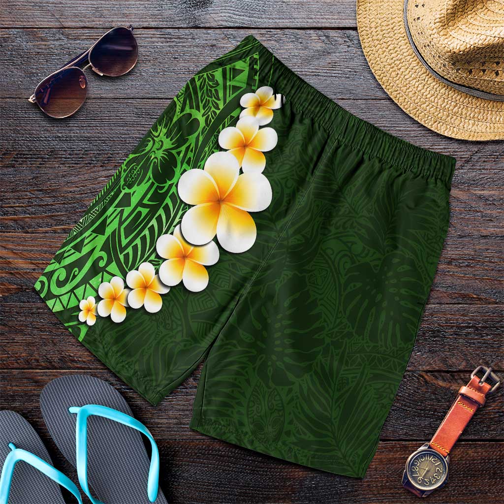 Green Polynesia Shorts for Men Plumeria Tropical Leaves With Galaxy Polynesian Art - Polynesian Pride