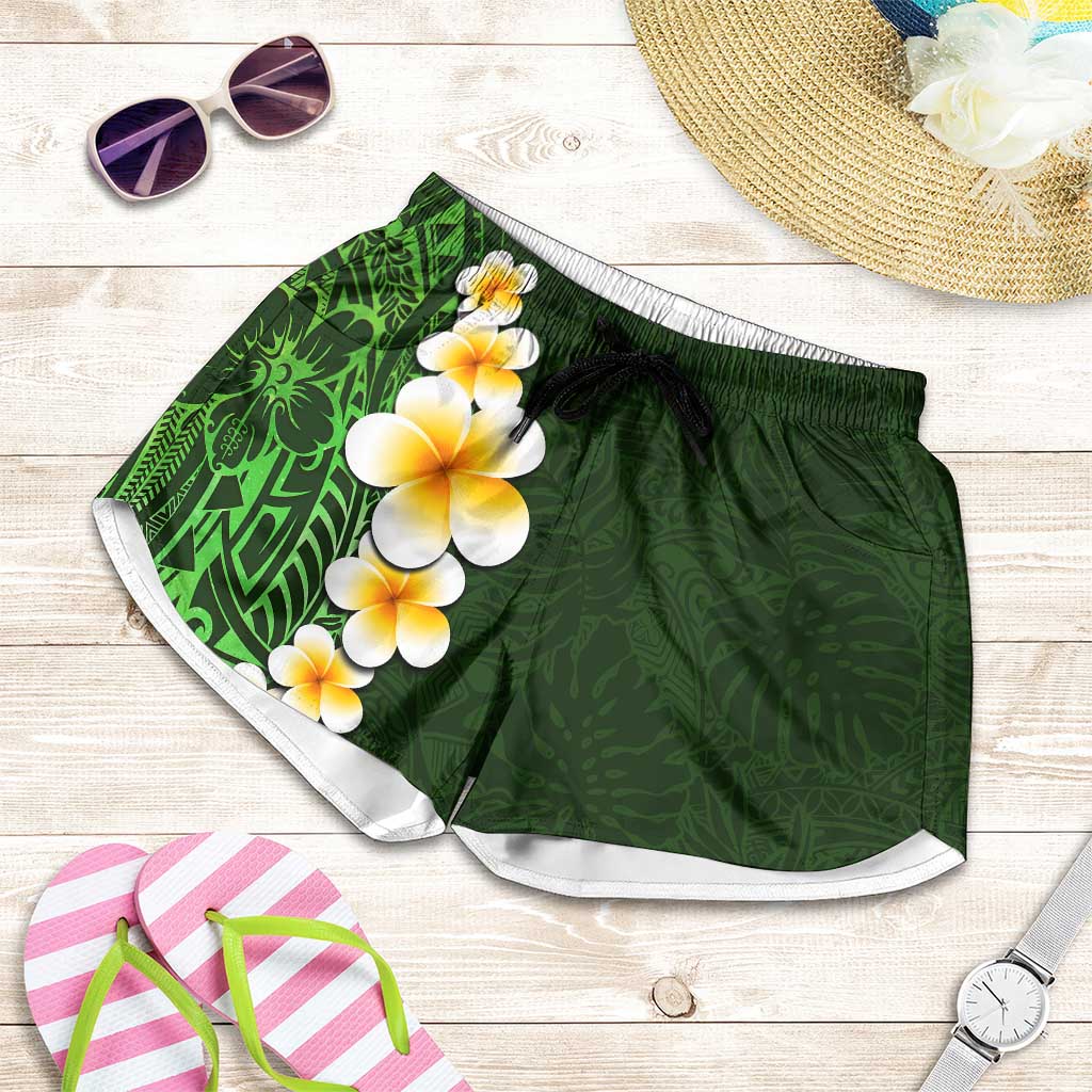 Green Polynesia Shorts for Women Plumeria Tropical Leaves With Galaxy Polynesian Art LT14 Green - Polynesian Pride