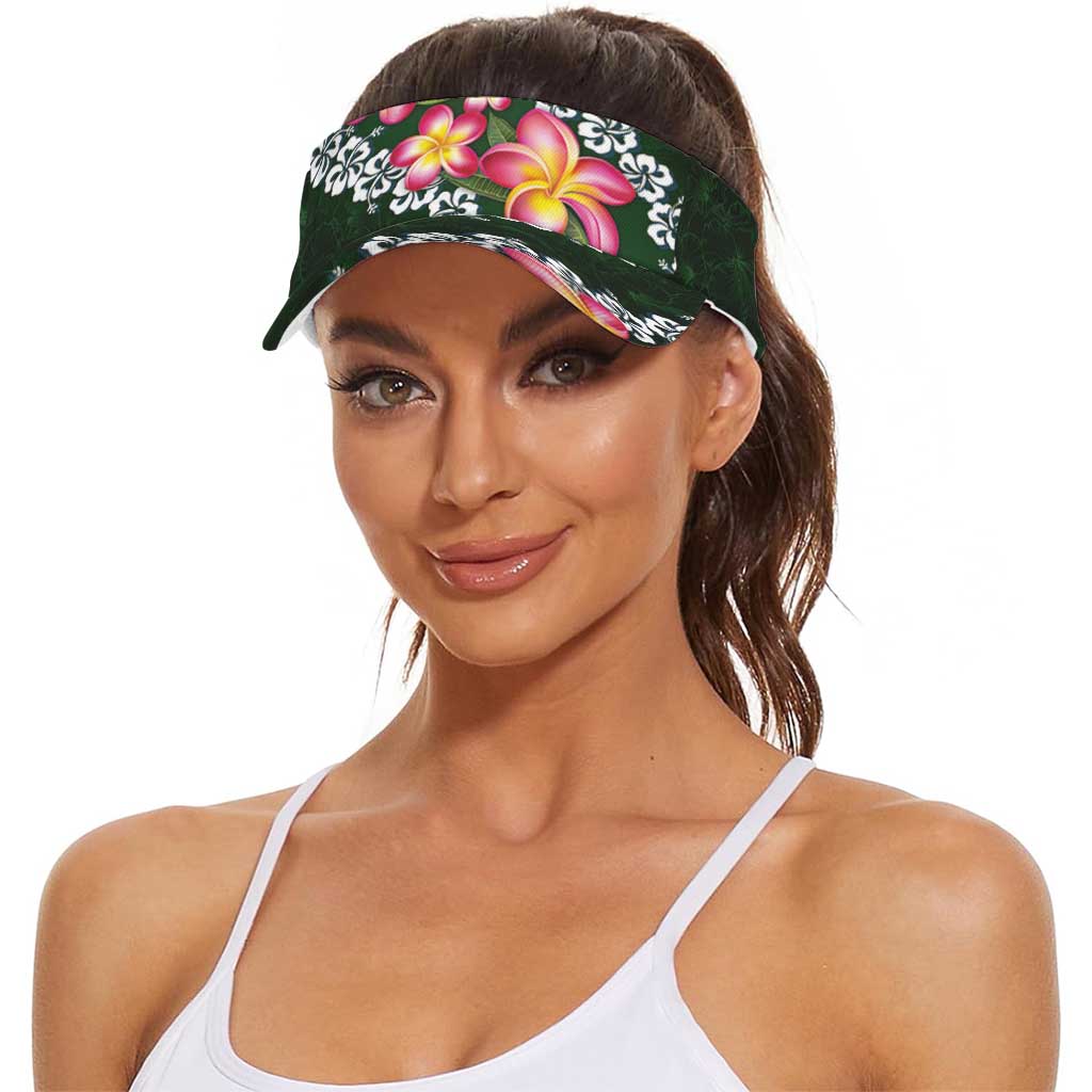 Green Polynesia Sun Visor Cap Plumeria With Hibiscus Pattern Tropical Vibes LT14 - Polynesian Pride