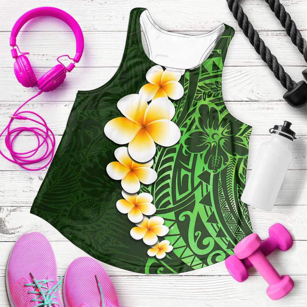 Green Polynesia Women Racerback Tank Plumeria Tropical Leaves With Galaxy Polynesian Art - Polynesian Pride
