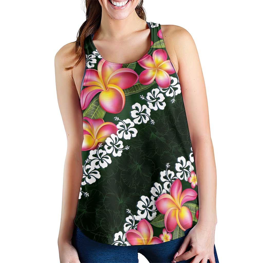 Green Polynesia Women Racerback Tank Plumeria With Hibiscus Pattern Tropical Vibes - Polynesian Pride