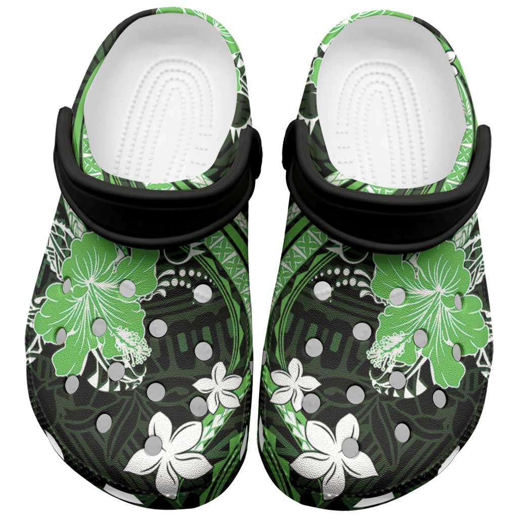 Green Polynesian Pattern With Tropical Flowers Clogs Shoes - Polynesian Pride