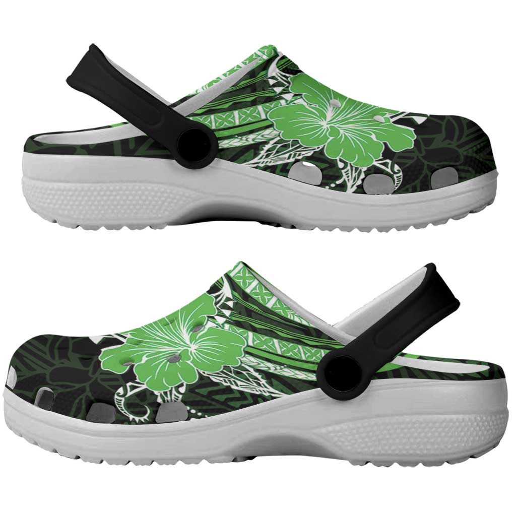 Green Polynesian Pattern With Tropical Flowers Clogs Shoes - Polynesian Pride