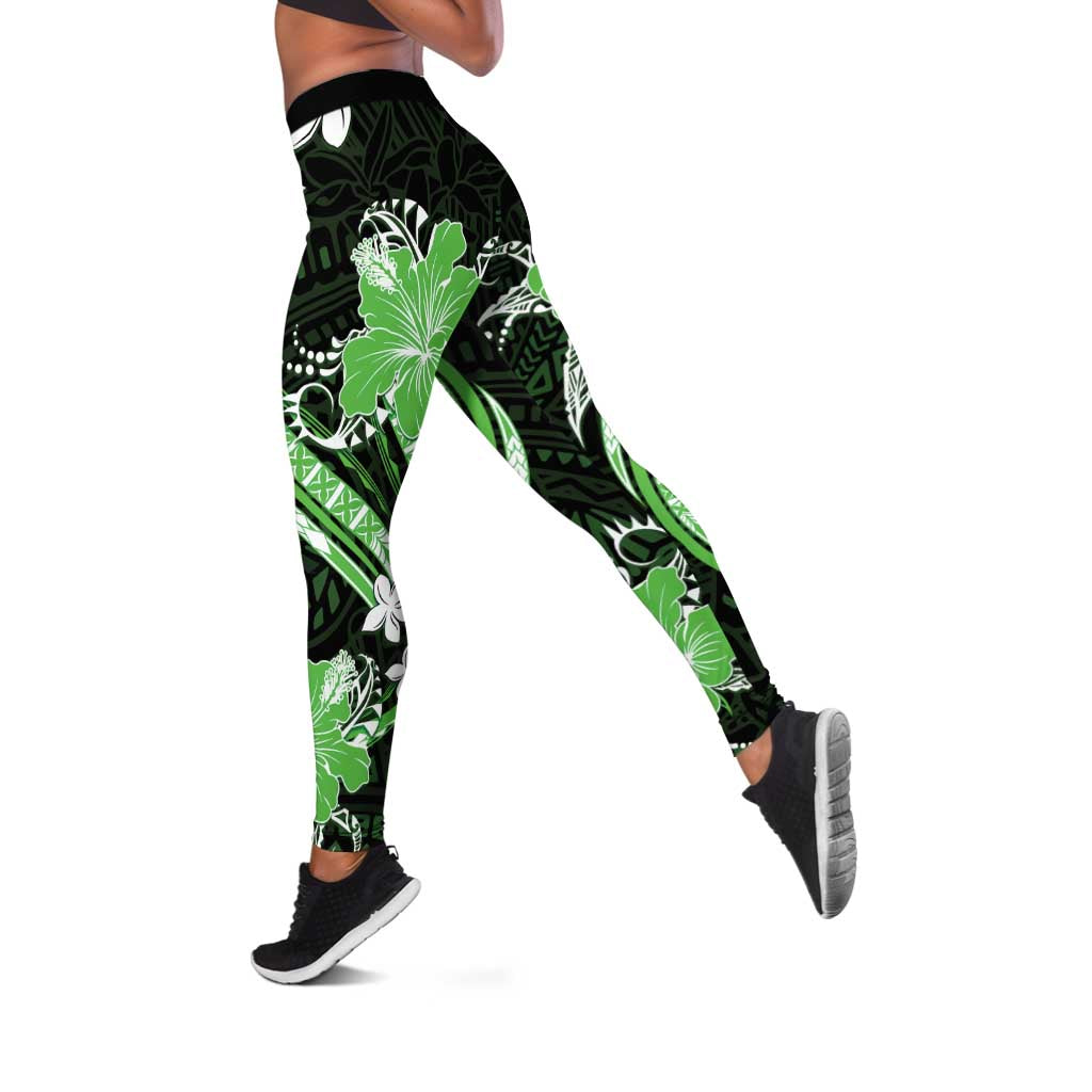 Green Polynesian Pattern With Tropical Flowers Leggings - Polynesian Pride
