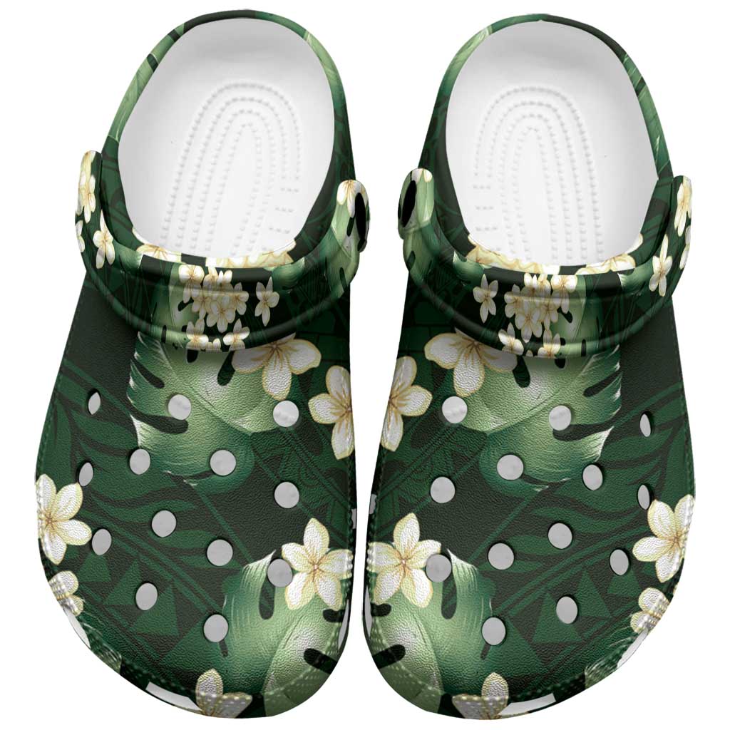 Green Tropical Hawaii Clogs Shoes Seamless Monstera Plumeria Hawaiian Pattern - Polynesian Pride