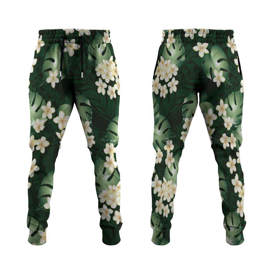Green Tropical Hawaii Jogger Pants Seamless Monstera Plumeria Hawaiian Pattern - Polynesian Pride