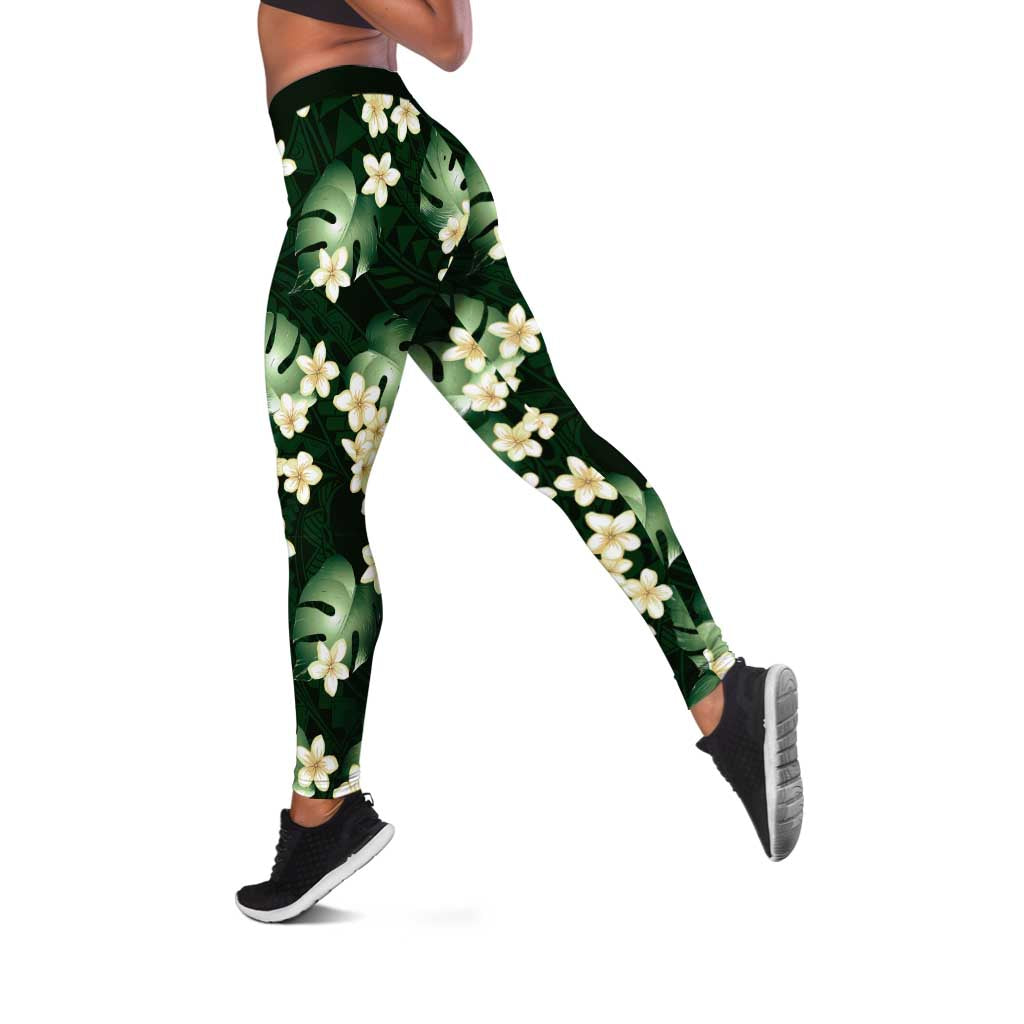 Green Tropical Hawaii Leggings Seamless Monstera Plumeria Hawaiian Pattern - Polynesian Pride