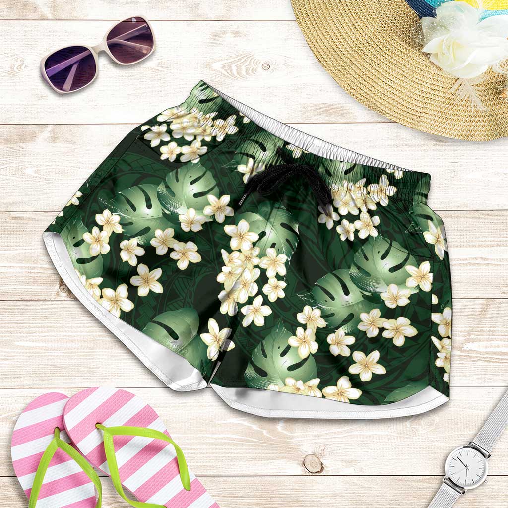 Green Tropical Hawaii Shorts for Women Seamless Monstera Plumeria Hawaiian Pattern - Polynesian Pride