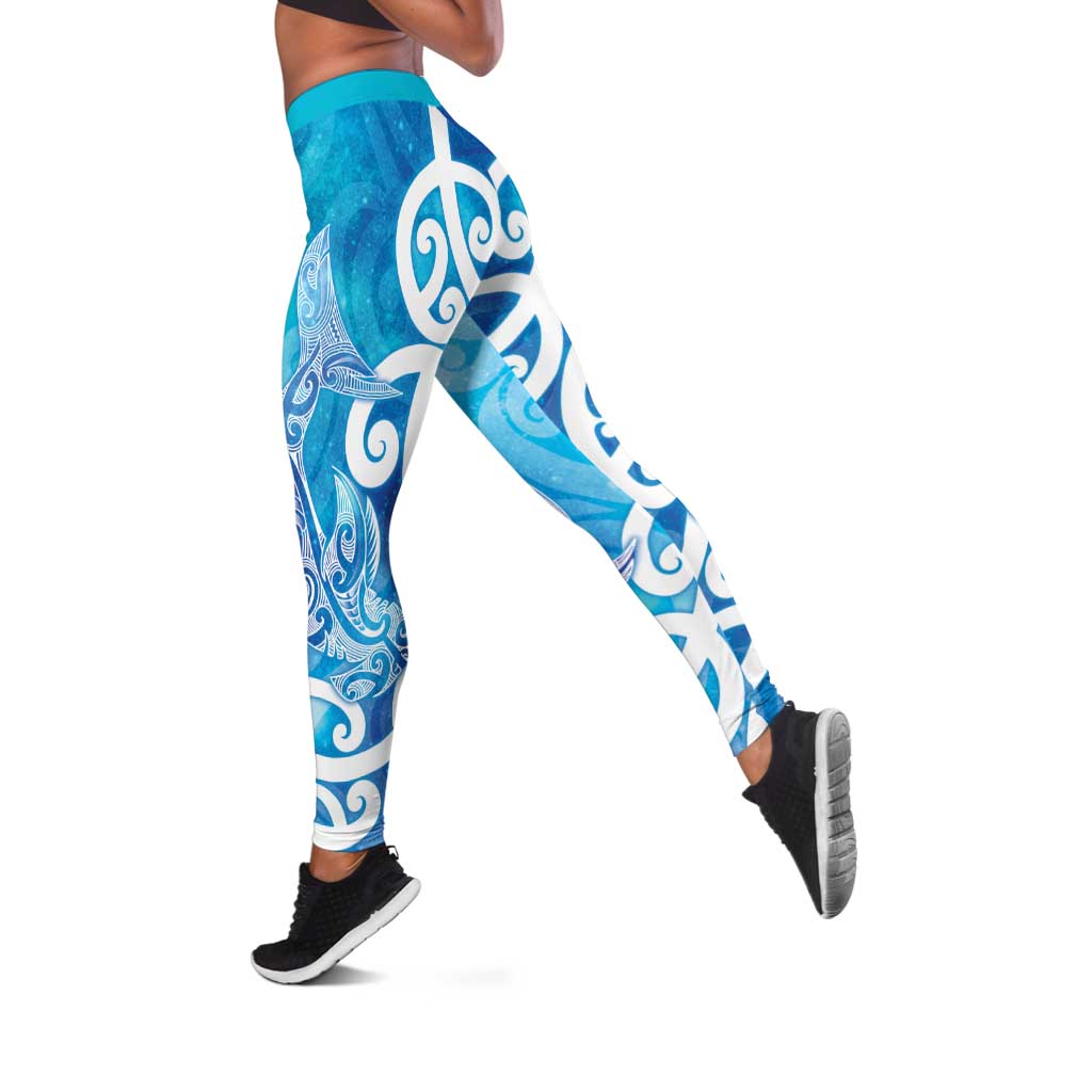 Hammerhead Shark Tattoo New Zealand Leggings Maori Galaxy Mangopare Pattern LT14 Turquoise - Polynesian Pride