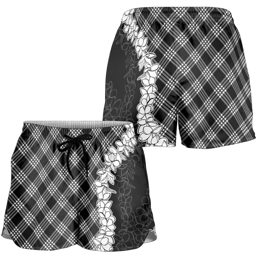 Hawaii Aloha Plumeria Lei Black Palaka Shorts for Women - Polynesian Pride