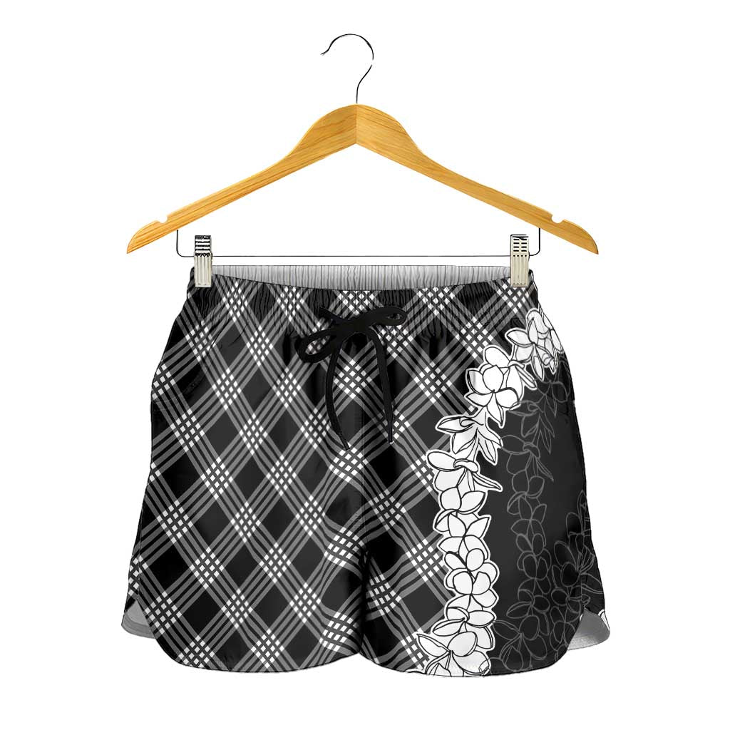 Hawaii Aloha Plumeria Lei Black Palaka Shorts for Women - Polynesian Pride