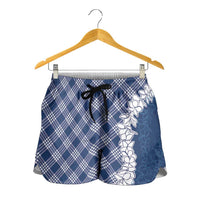 Hawaii Aloha Plumeria Lei Navy Palaka Shorts for Women - Polynesian Pride