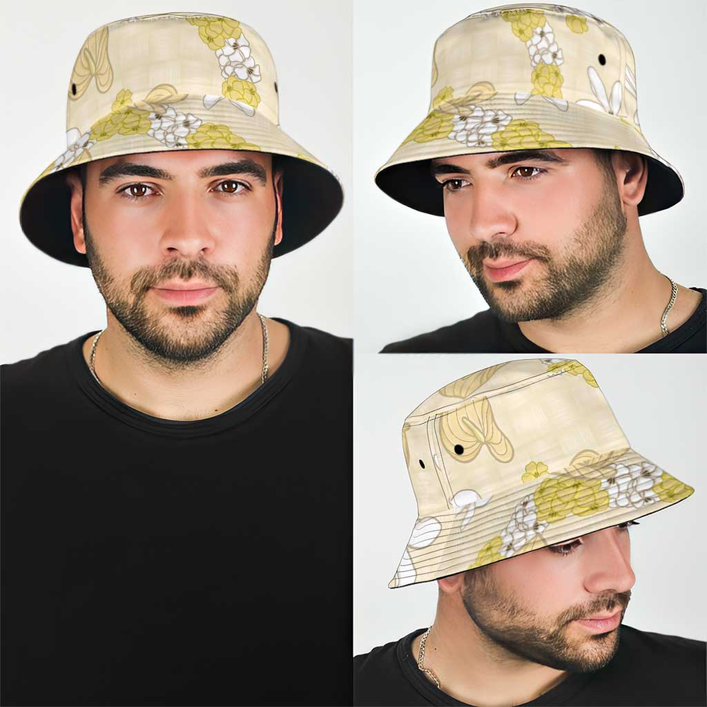 Hawaii Anthurium Tiare Pikake Lei Bucket Hat Melemele Lauhala Art Pattern LT01 - Polynesian Pride