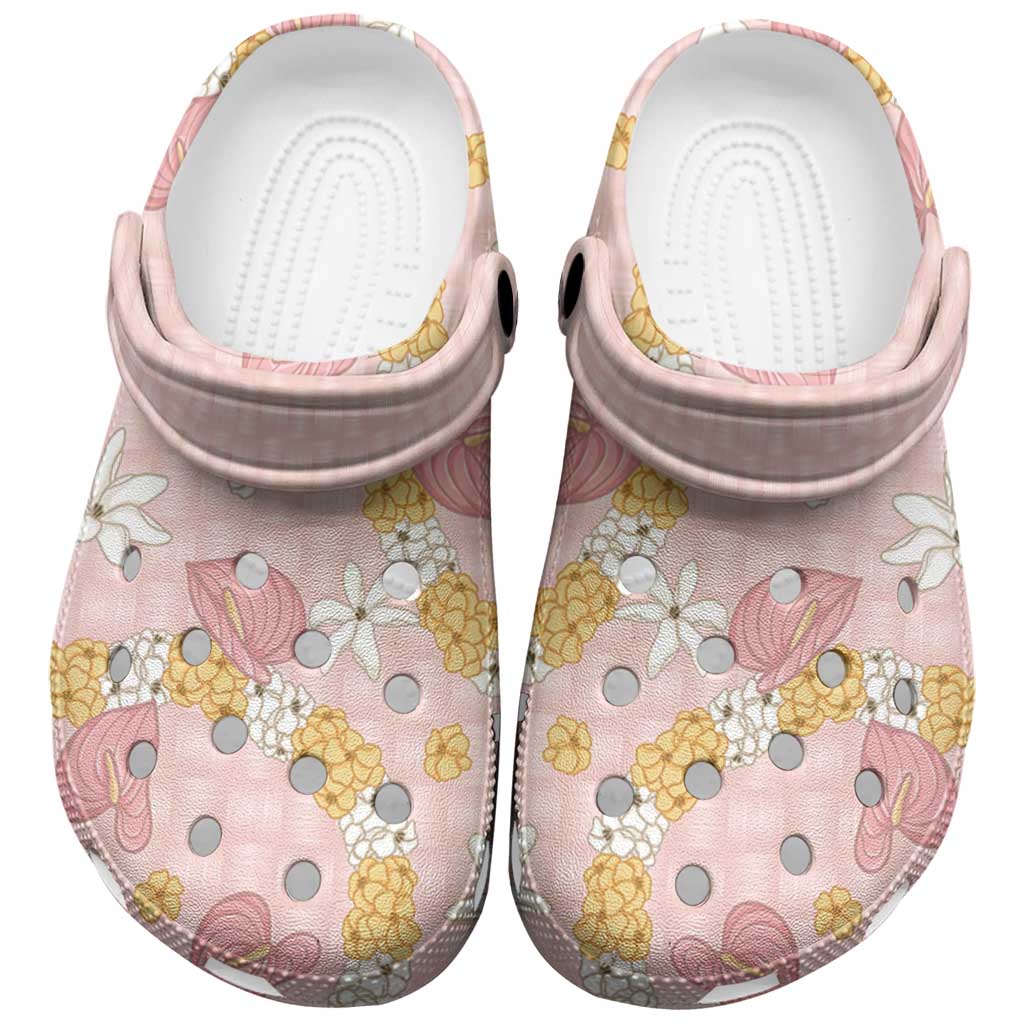 Hawaii Anthurium Tiare Pikake Lei Clogs Shoes Akala Lauhala Art Pattern