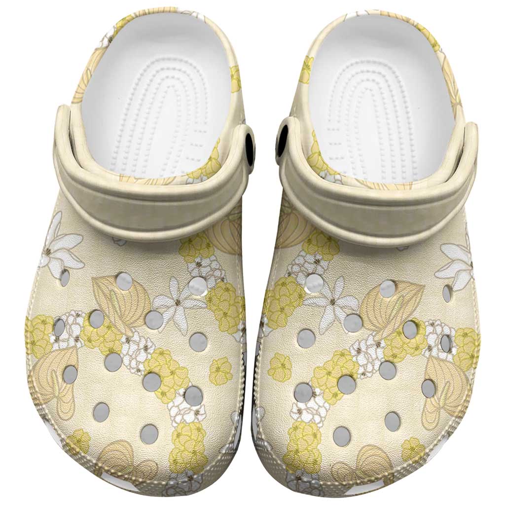 Hawaii Anthurium Tiare Pikake Lei Clogs Shoes Melemele Lauhala Art Pattern