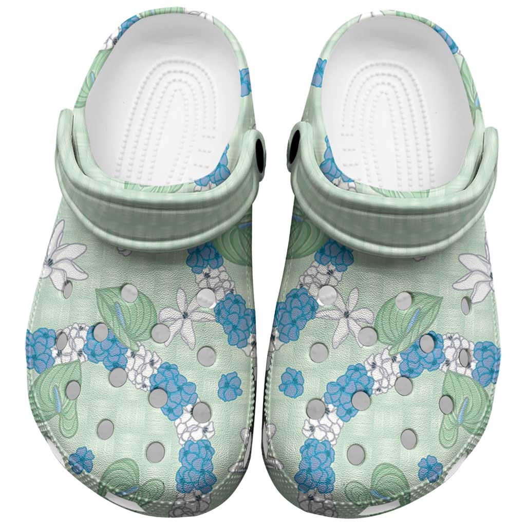 Hawaii Anthurium Tiare Pikake Lei Clogs Shoes Omaomao Lauhala Art Pattern
