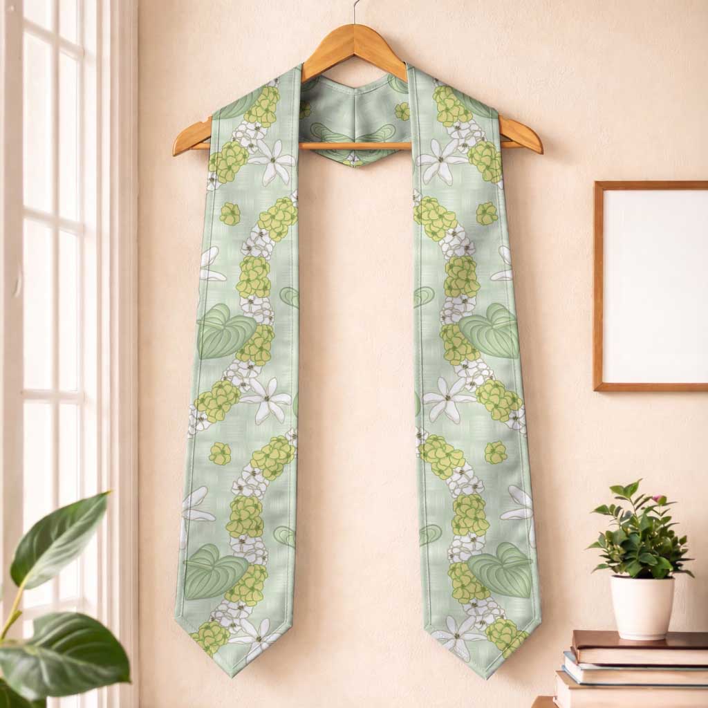 Hawaii Anthurium Tiare Pikake Lei Graduation Stole Sage Green Lauhala Art Pattern