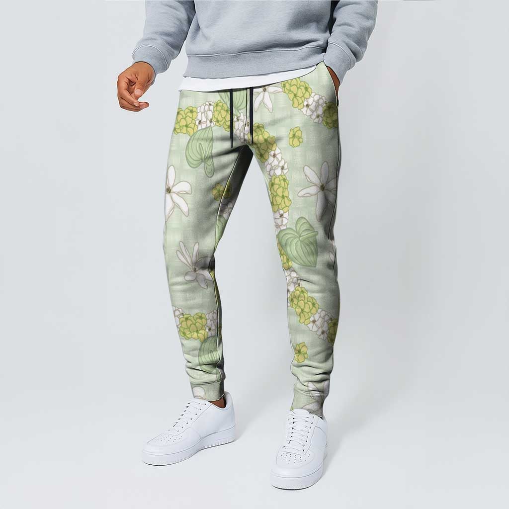 Hawaii Anthurium Tiare Pikake Lei Jogger Pants Sage Green Lauhala Art Pattern