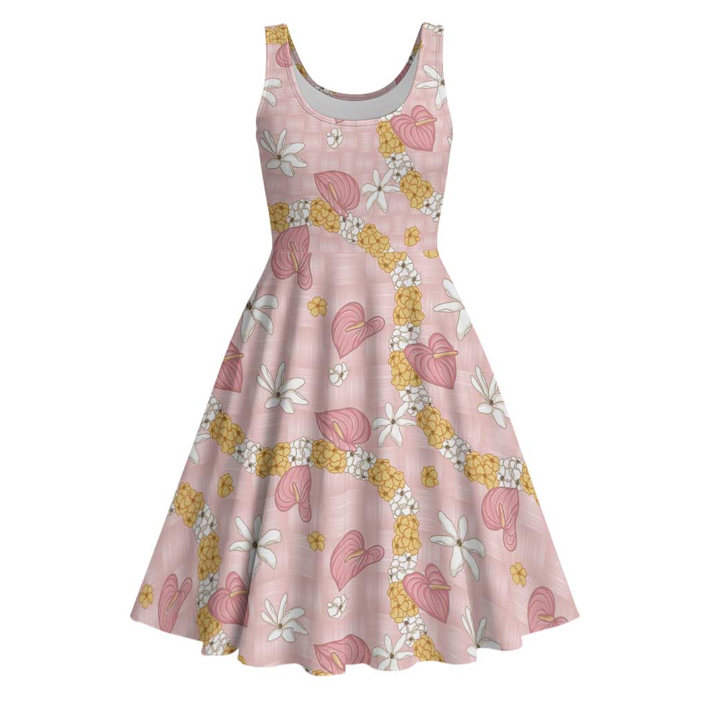 Hawaii Anthurium Tiare Pikake Lei Midi Dress Akala Lauhala Art Pattern