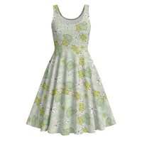 Hawaii Anthurium Tiare Pikake Lei Midi Dress Sage Green Lauhala Art Pattern