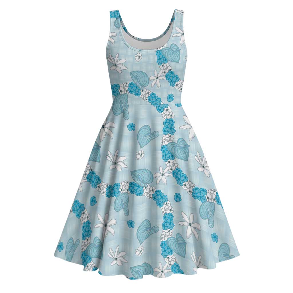 Hawaii Anthurium Tiare Pikake Lei Midi Dress UliUli Lauhala Art Pattern LT01 Blue - Polynesian Pride