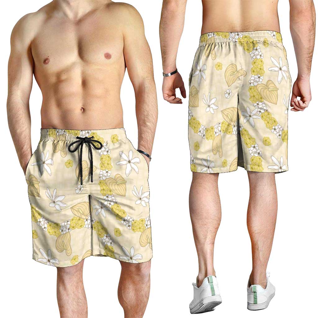 Hawaii Anthurium Tiare Pikake Lei Shorts for Men Melemele Lauhala Art Pattern
