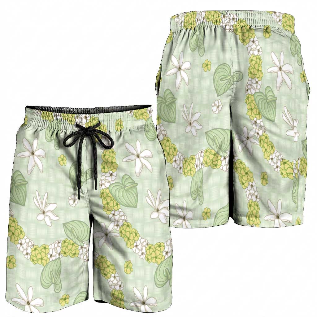 Hawaii Anthurium Tiare Pikake Lei Shorts for Men Sage Green Lauhala Art Pattern
