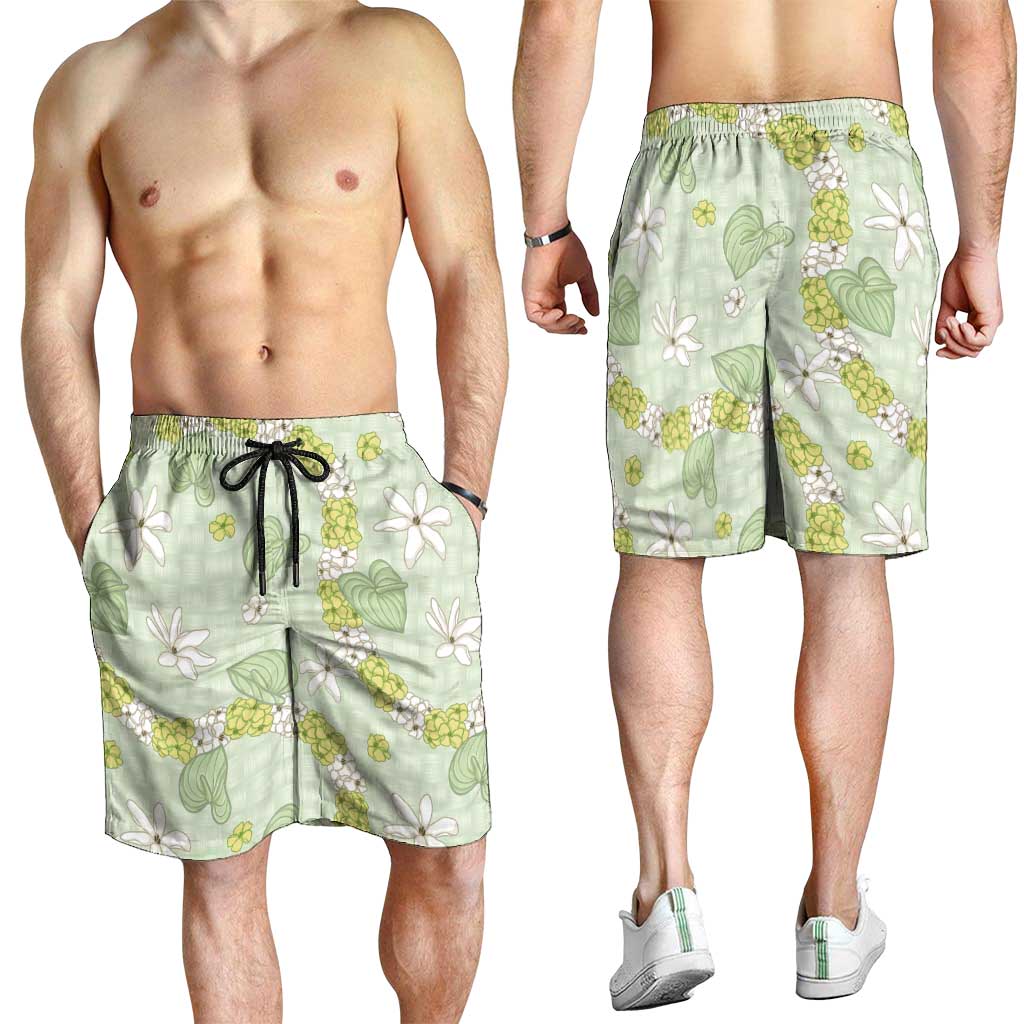 Hawaii Anthurium Tiare Pikake Lei Shorts for Men Sage Green Lauhala Art Pattern