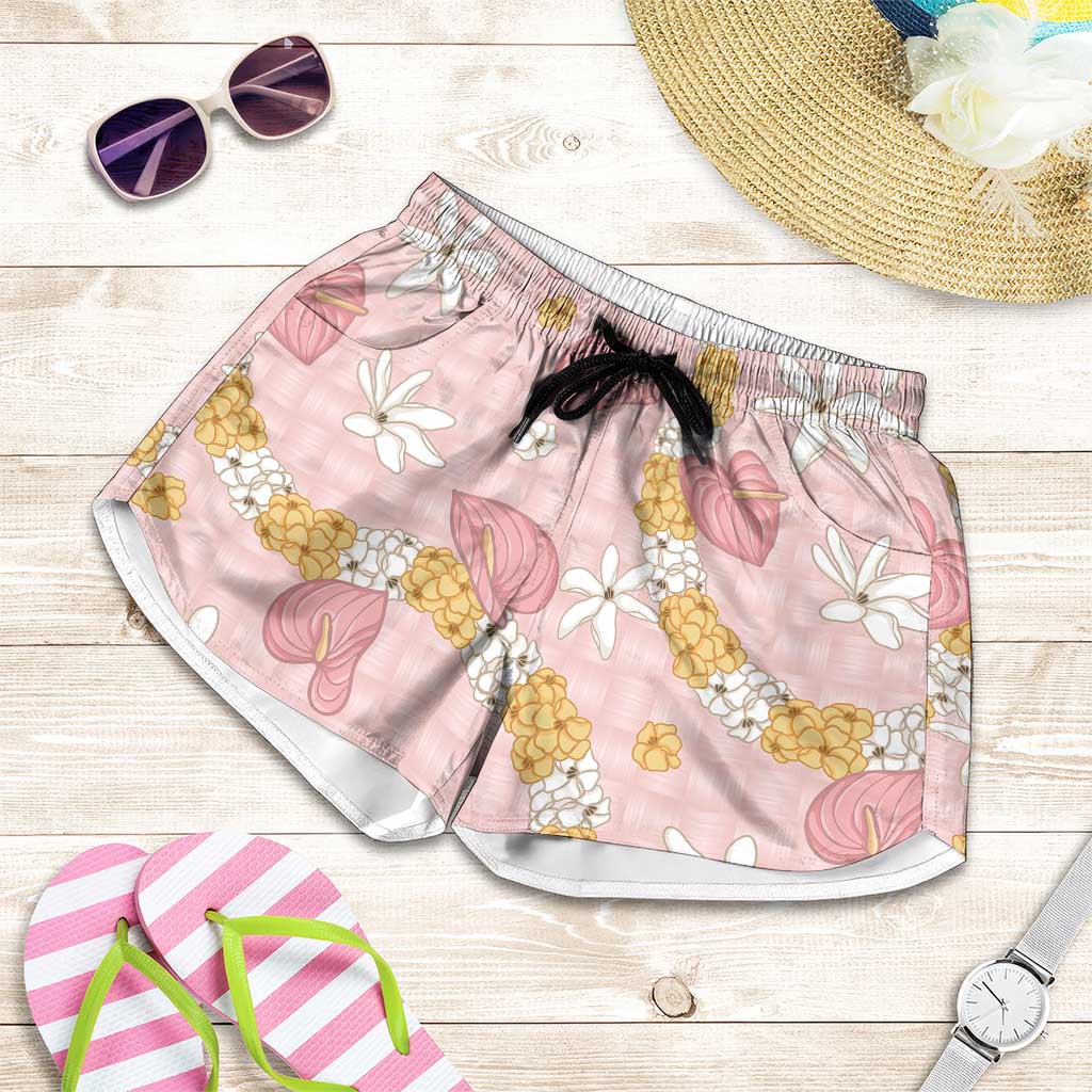 Hawaii Anthurium Tiare Pikake Lei Shorts for Women Akala Lauhala Art Pattern