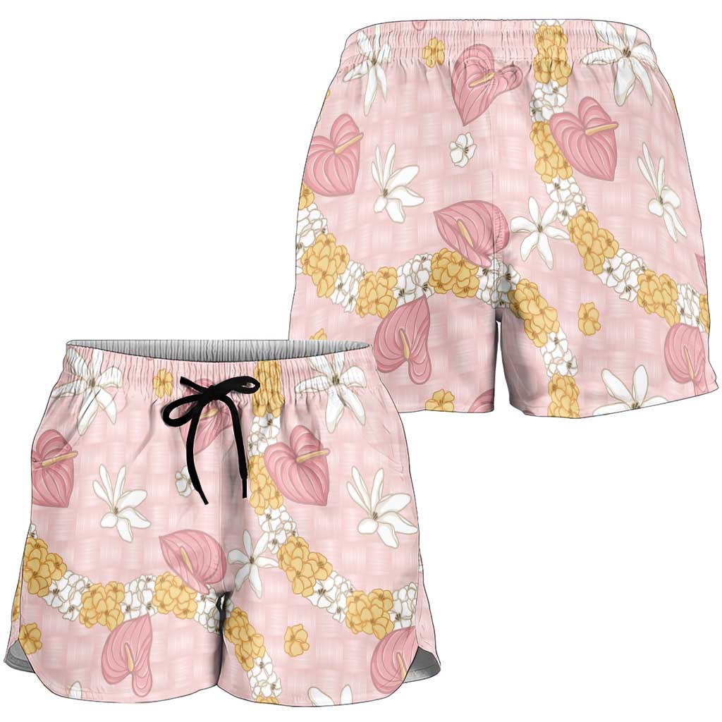 Hawaii Anthurium Tiare Pikake Lei Shorts for Women Akala Lauhala Art Pattern