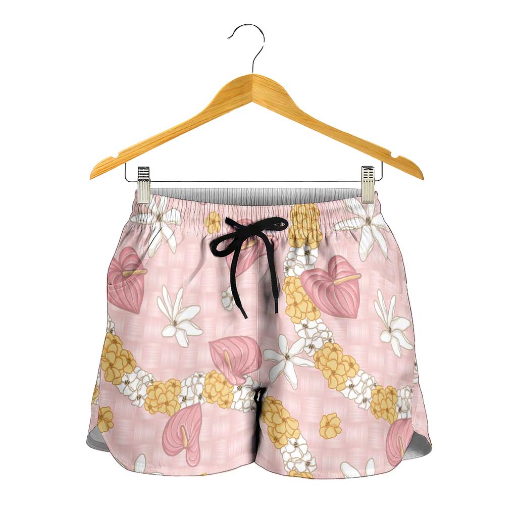 Hawaii Anthurium Tiare Pikake Lei Shorts for Women Akala Lauhala Art Pattern