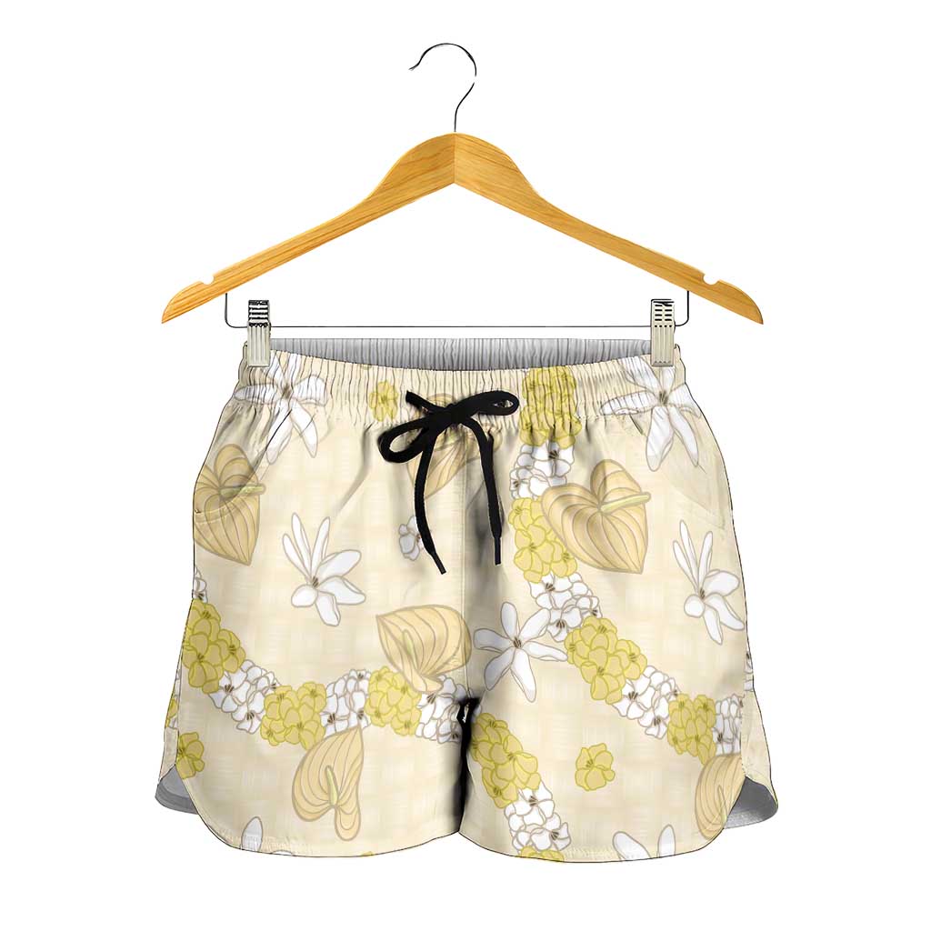 Hawaii Anthurium Tiare Pikake Lei Shorts for Women Melemele Lauhala Art Pattern