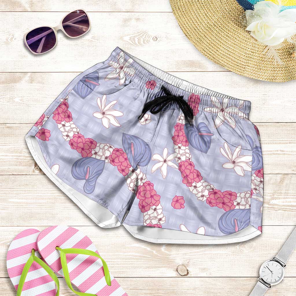 Hawaii Anthurium Tiare Pikake Lei Shorts for Women Poni Lauhala Art Pattern