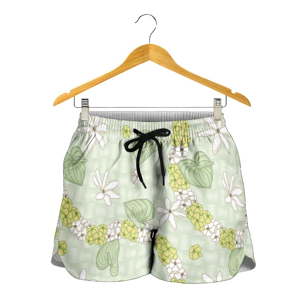 Hawaii Anthurium Tiare Pikake Lei Shorts for Women Sage Green Lauhala Art Pattern