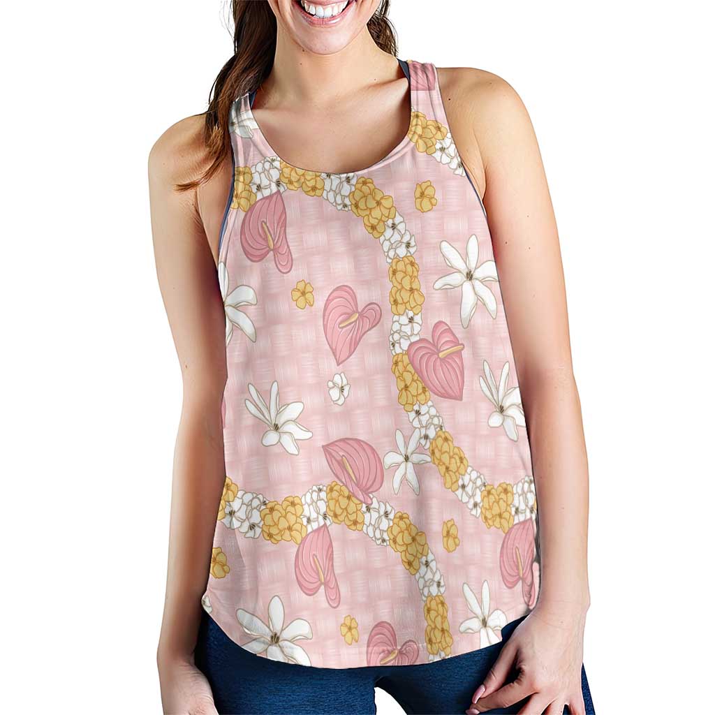 Hawaii Anthurium Tiare Pikake Lei Women Racerback Tank Akala Lauhala Art Pattern