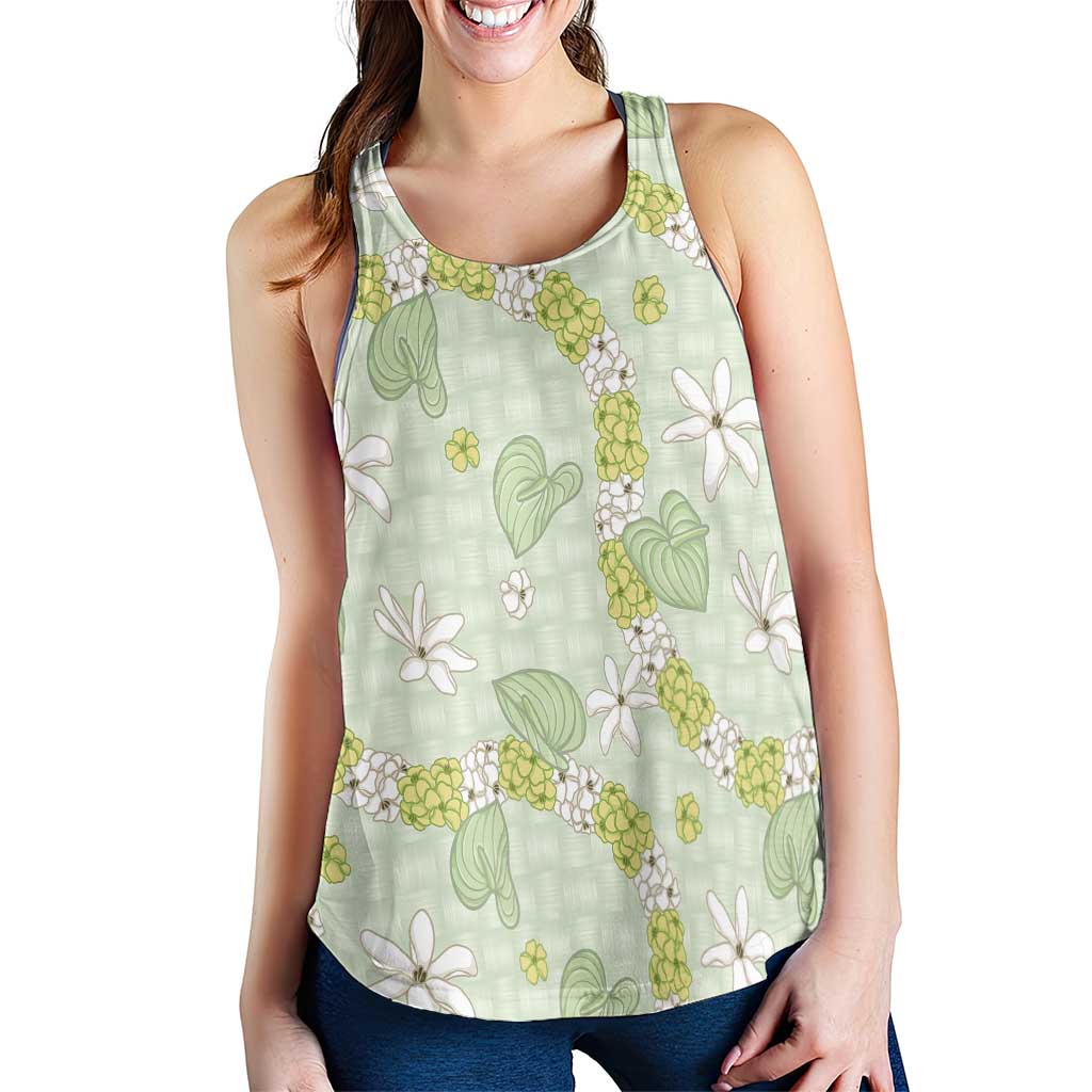 Hawaii Anthurium Tiare Pikake Lei Women Racerback Tank Sage Green Lauhala Art Pattern