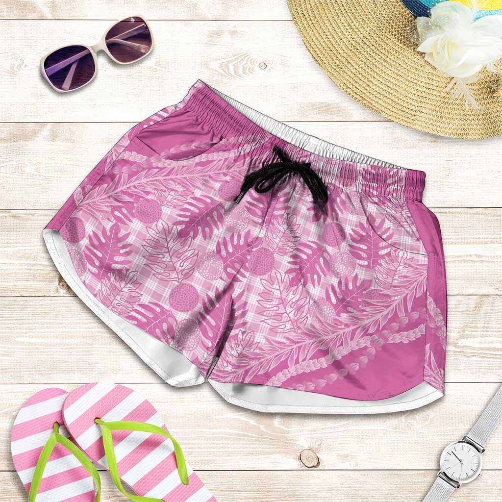 Hawaii Breadfruit Palaka Shorts for Women Omaomao Ulaula Maile Lei LT9 Pink - Polynesian Pride