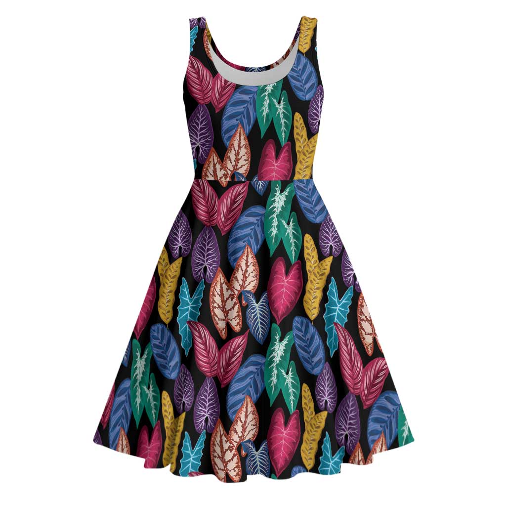 Hawaii Colorful Tropical Leaves Midi Dress LT01 Black - Polynesian Pride