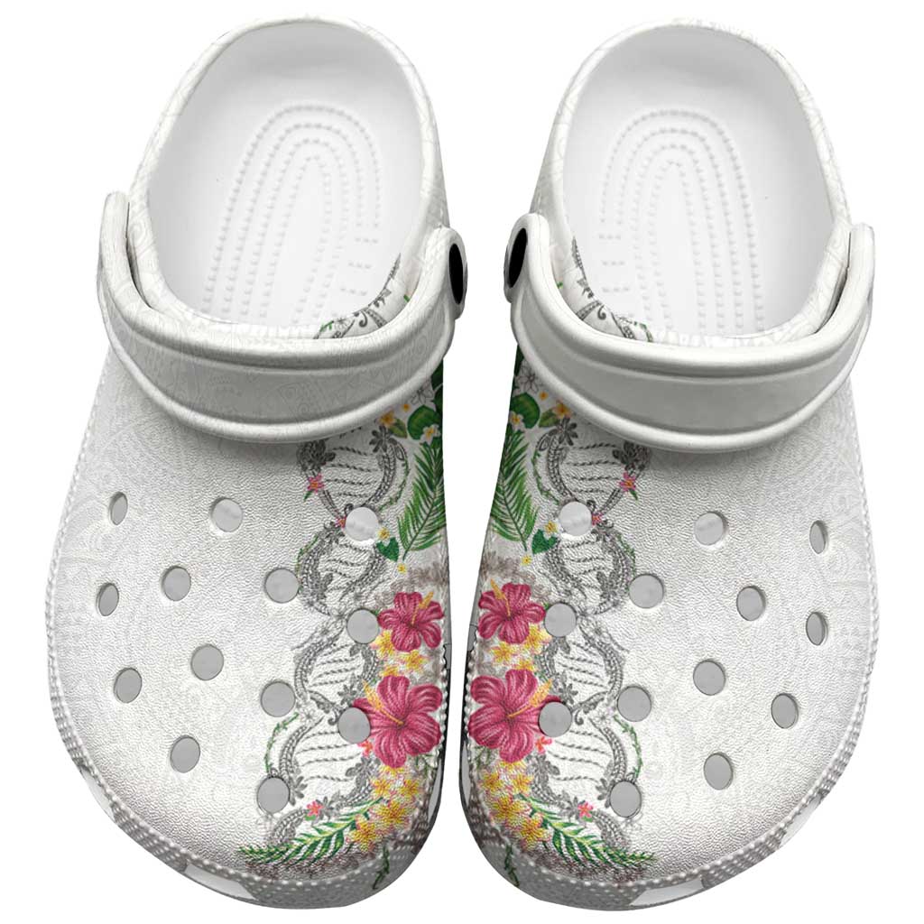 Hawaii DNA Kakau Tattoo Clogs Shoes with Plumeria and Hibiscus Tropical Plants White Color LT03 White - Polynesian Pride