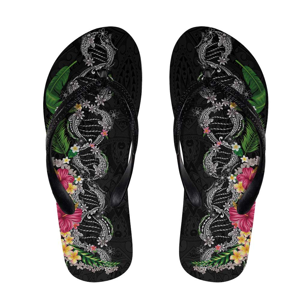 Hawaii DNA Kakau Tattoo Flip Flops with Plumeria and Hibiscus Tropical Plants Black Color LT03 Black - Polynesian Pride